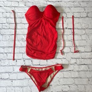 Victoria Secret 34C red bathing suit with metal gold V’s